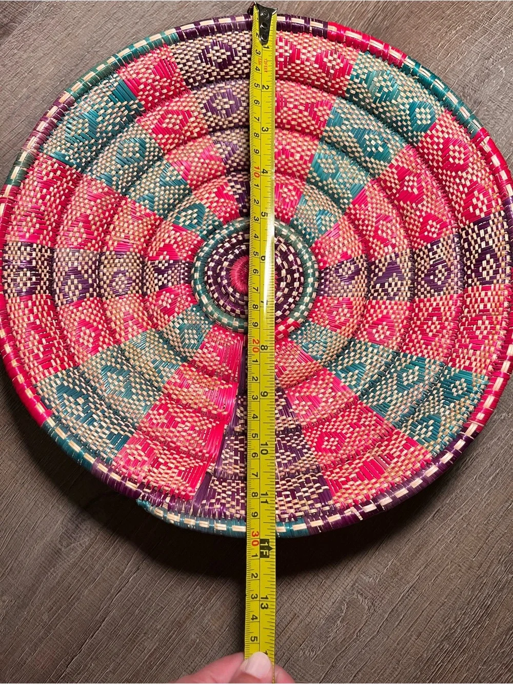 Woven raffia basket geometric pattern pink teal purple Ethiopian style 12”
